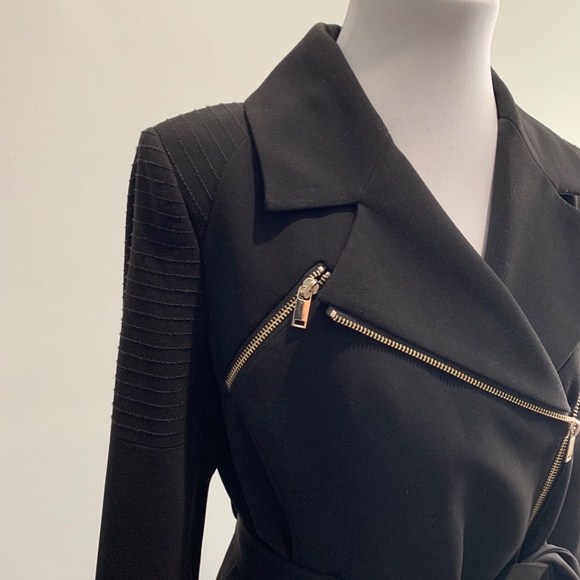 H&M black zip belted long jacket coat Trench SZ 8 Med M overcoat sash tie Moto - Picture 5 of 16